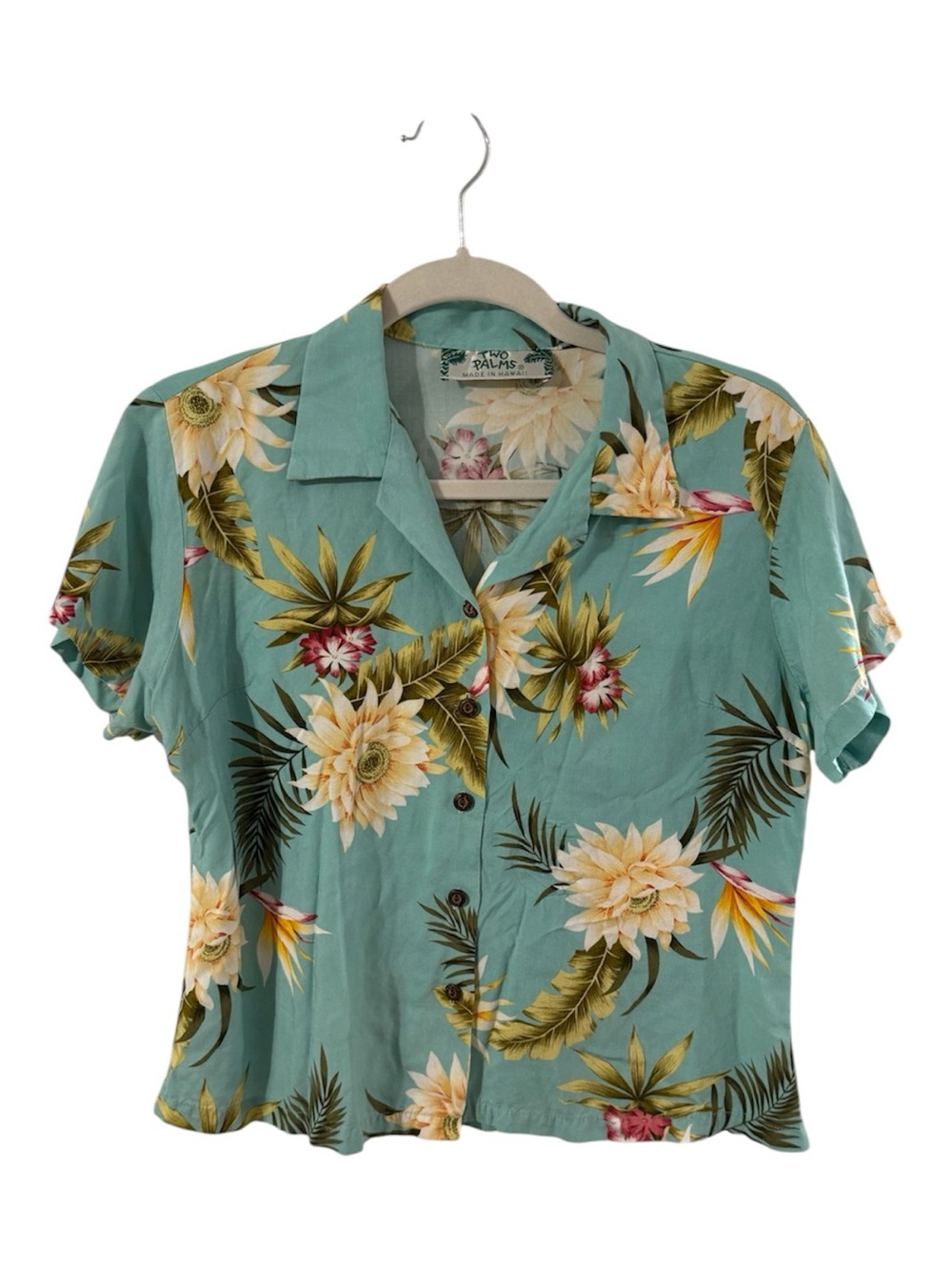 Two Palms Teal Tropical Floral Button-Front Women's Ceres Hawaiian Top Medium